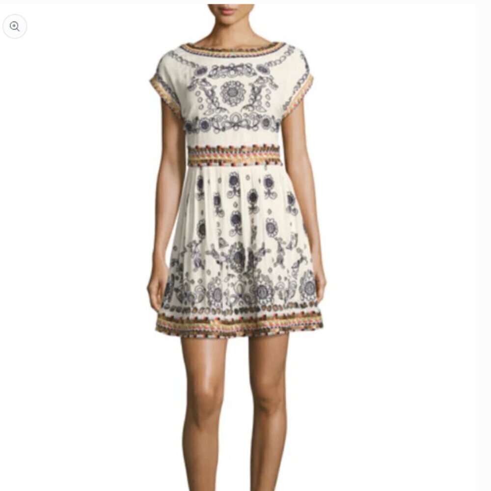 Alice + Olivia Gertie Embroidered Boho‎ Short Sleeve Dress 0
